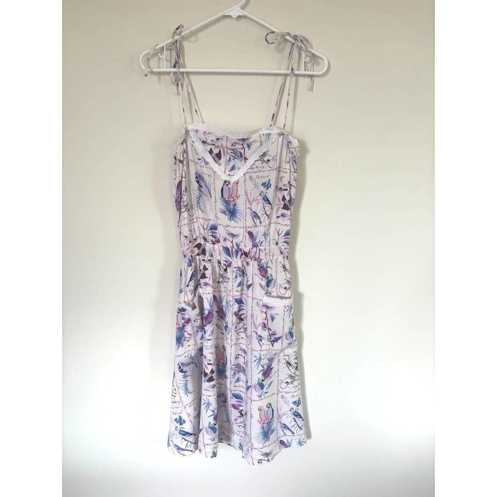 ONE TEASPOON Dress Size Medium Bird Pattern Lace Trim Tie Straps Sundress Mini